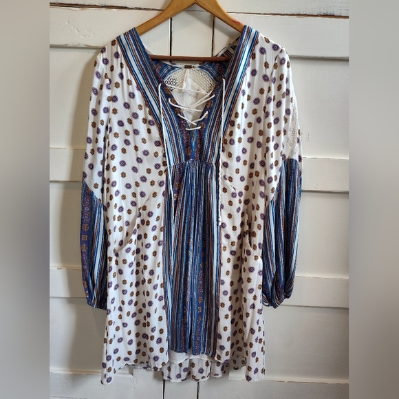 Free People Rain Or Shine Blue and White Lace up Mini Dress | Balloon Sleeve | M - Picture 3 of 9